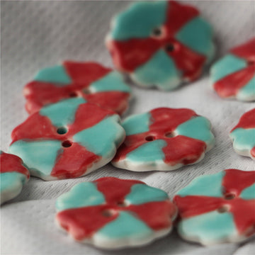 Blue/red painted ceramic sewing buttons, round, two holes (6-pack)
