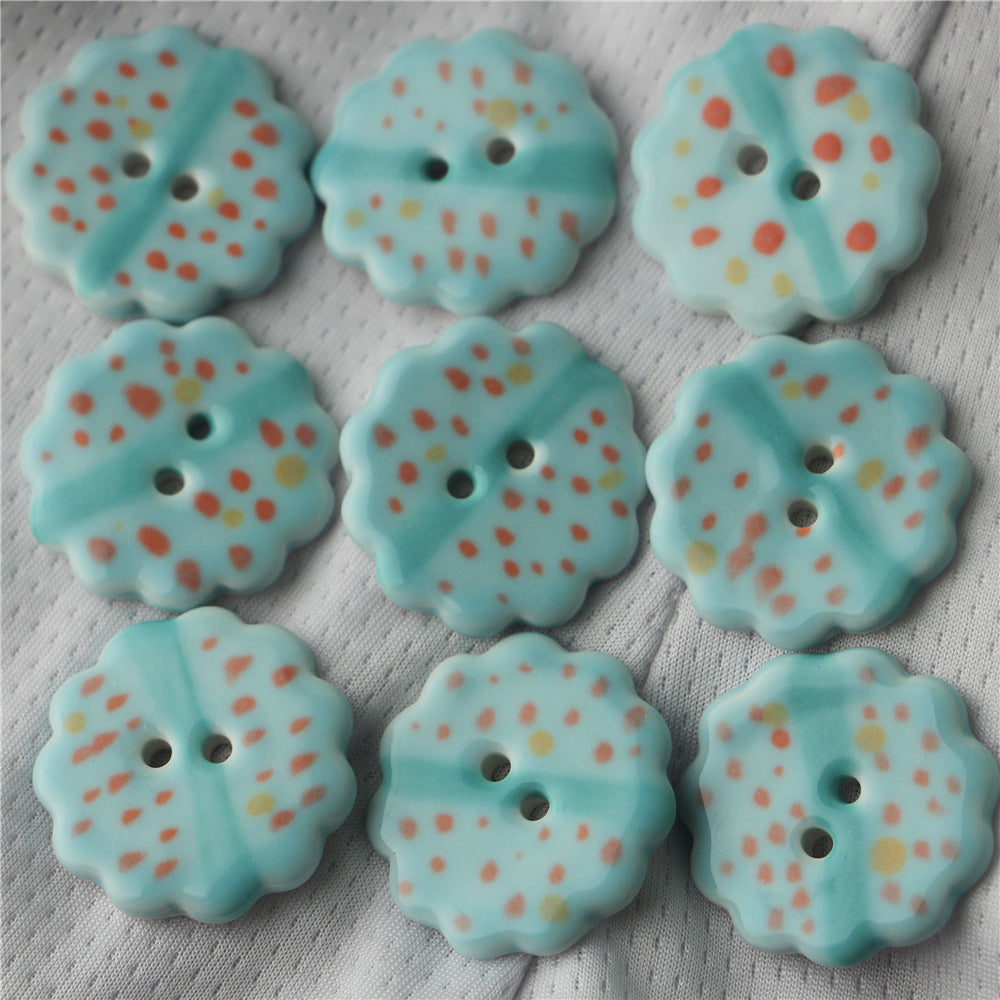 Light blue ceramic buttons with colorful confetti dots, two holes (6-pack)