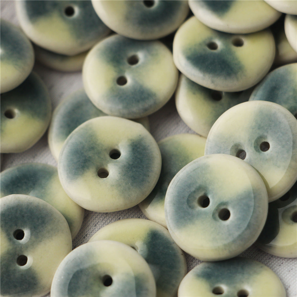 Round 2-hole ceramic buttons, muted green and blue tones