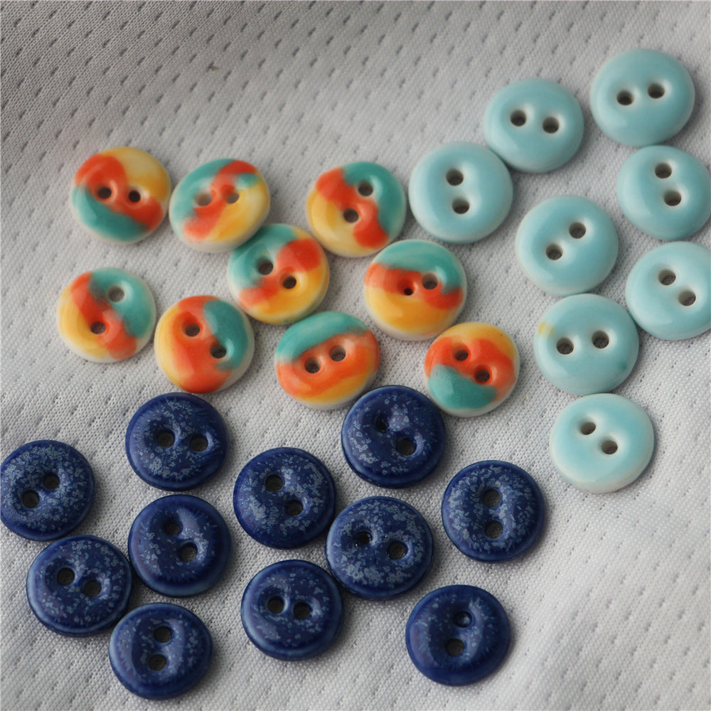 Hand-painted ceramic sewing buttons, round double-hole, blue/orange pattern, 6 pcs