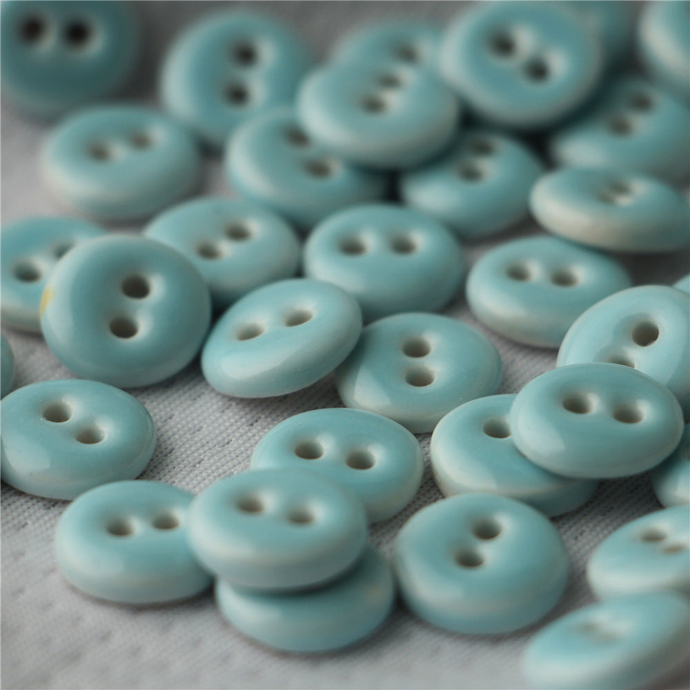 Round light blue ceramic sewing buttons, double-hole, hand-painted, 6 pcs
