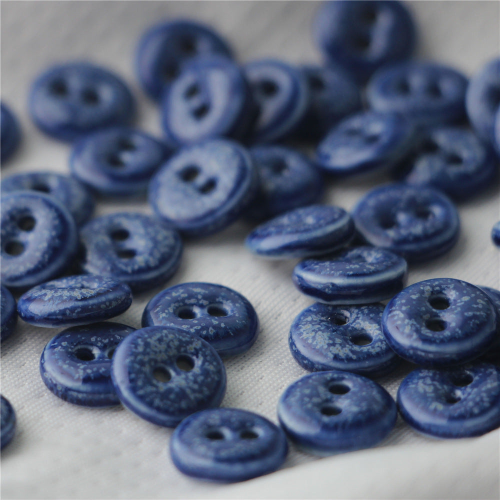Round dark blue ceramic sewing buttons, double-hole, speckled hand-painted, 6 pcs