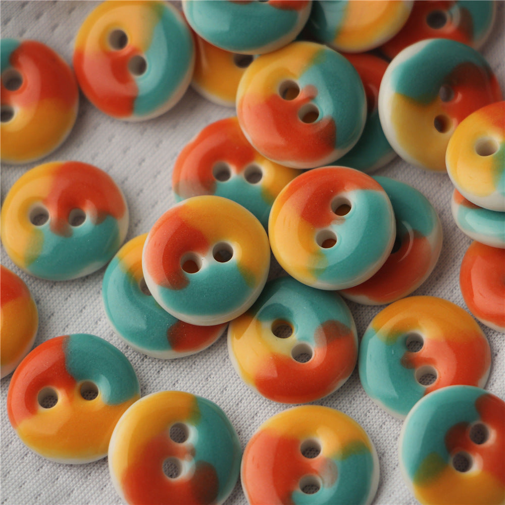 Round orange ceramic sewing buttons, double-hole, hand-painted teal/yellow/orange, 6 pcs