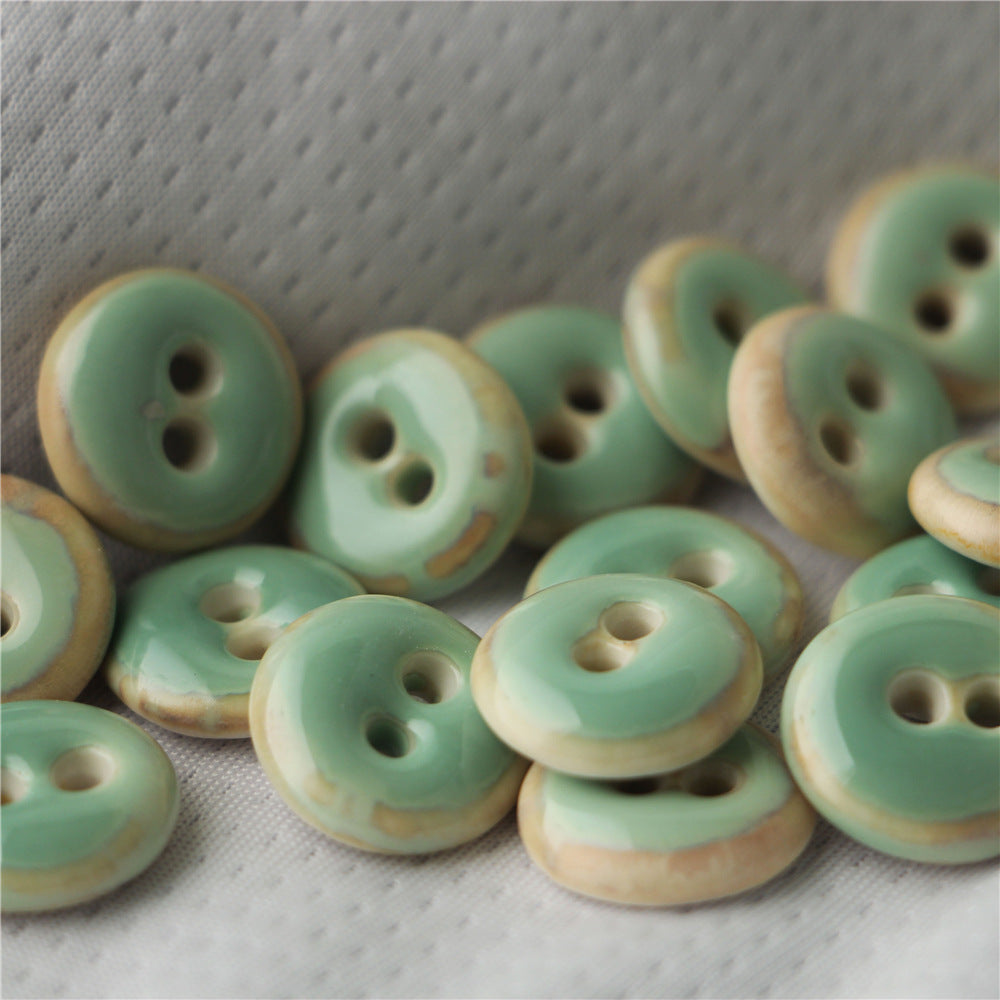 Round 18mm ceramic sewing buttons, light green with cream rim, 2-hole, 4 pcs