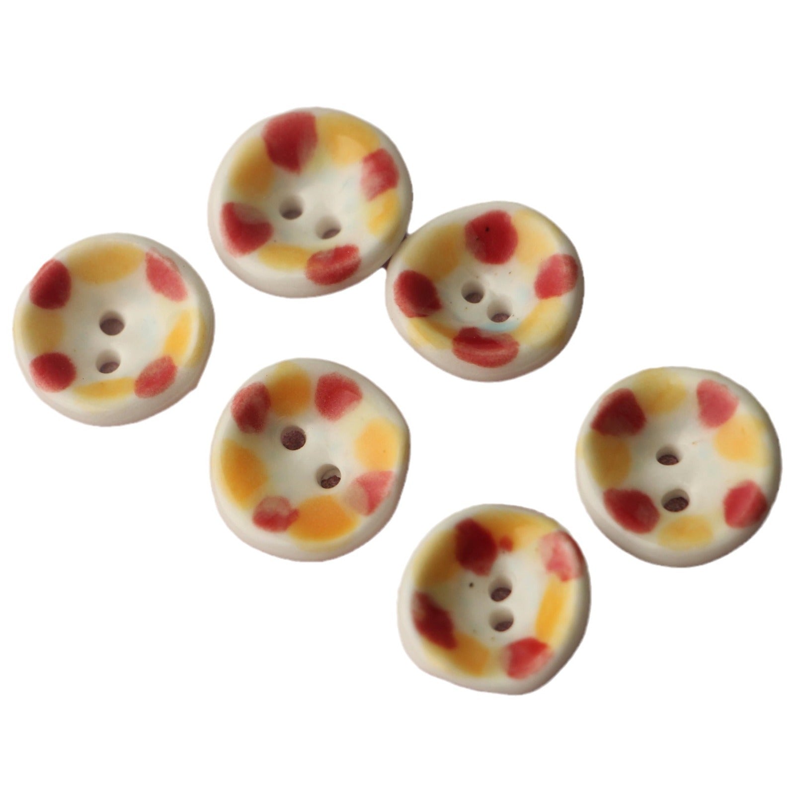 Keramikknöpfe 2 Löcher, handbemalt: creme Floral-Dot, rot-gelb, 4er