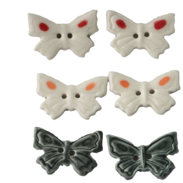 Lotsofbuttons ceramic butterfly buttons, 2-hole, white with red spots (set of 6)