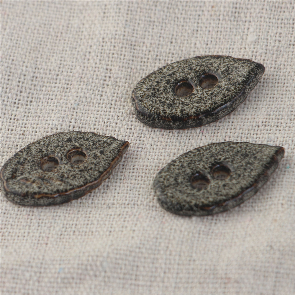 28mm leaf ceramic buttons, dark speckled pattern, two-hole design, 5 pcs