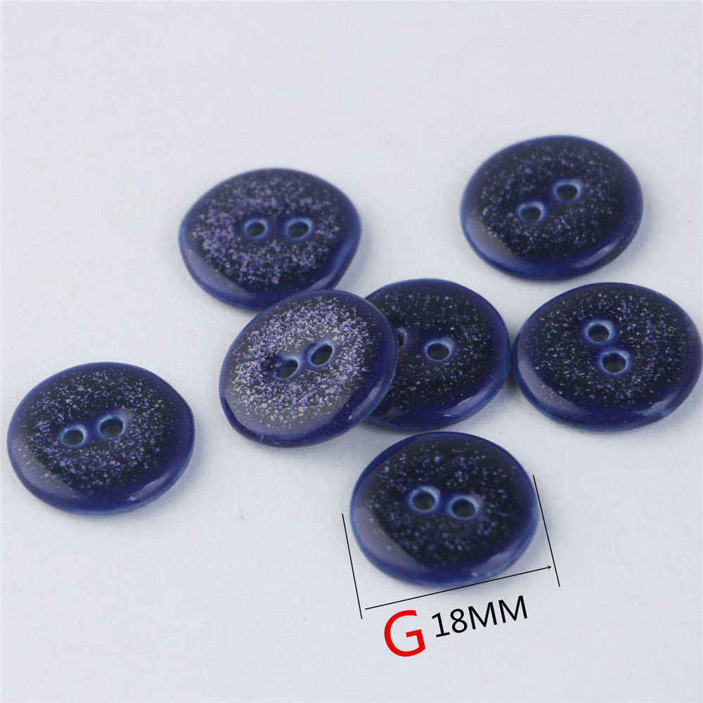 5 runde Keramikknöpfe blau gesprenkelt, 2 Löcher, 18 mm