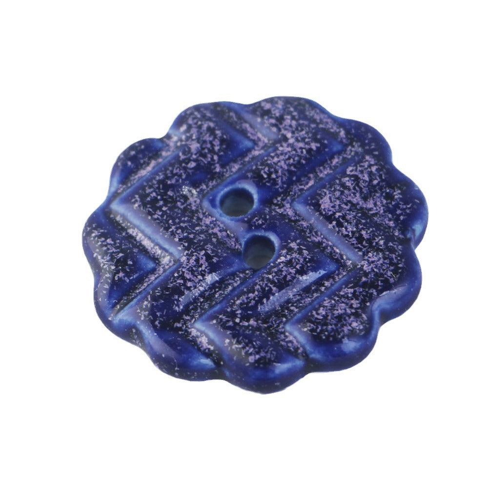 Blaues, zahnradförmiges Keramik-Button mit 2 Löchern, handgemacht, ca. 32 mm