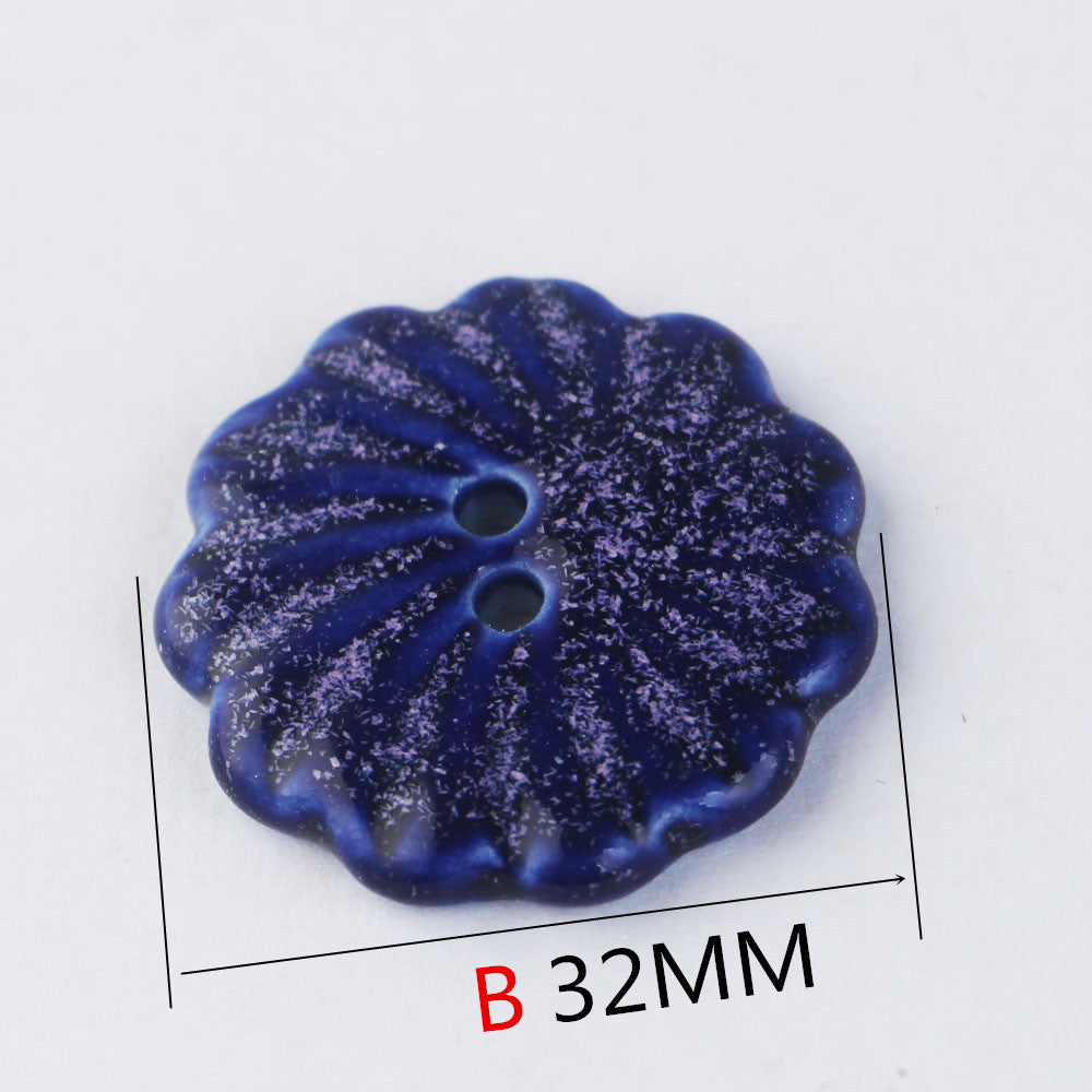Gearförmiger Keramikknopf blau, Style B, 2 Löcher, Sprenkeloptik, 32 mm