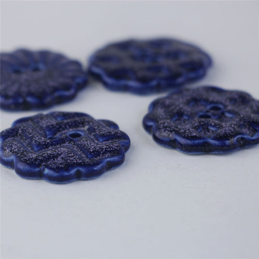 32mm Blue Gear-shaped 2-hole Ceramic Handmade Buttons 3pcs