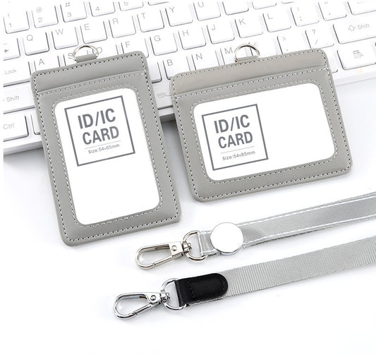 Genuine Leather ID Card Holder Set with Lanyard | Landscape & Portrait (2-Pack) Grey