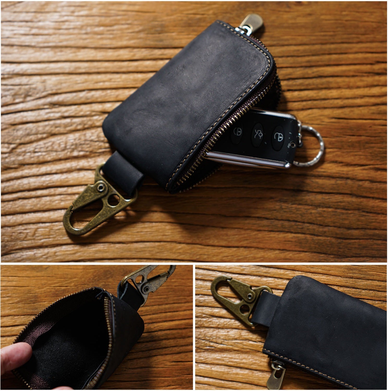 Leather Mini Coin Pouch with Keychain - Men's Belt Clip Zipper Pouch