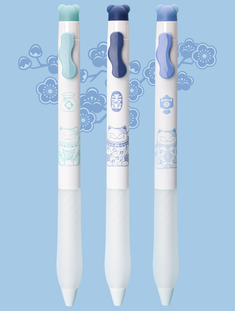 Lucky Cat Erasable Retractable Gel Pens 0.5mm Blue Ink Set of 12