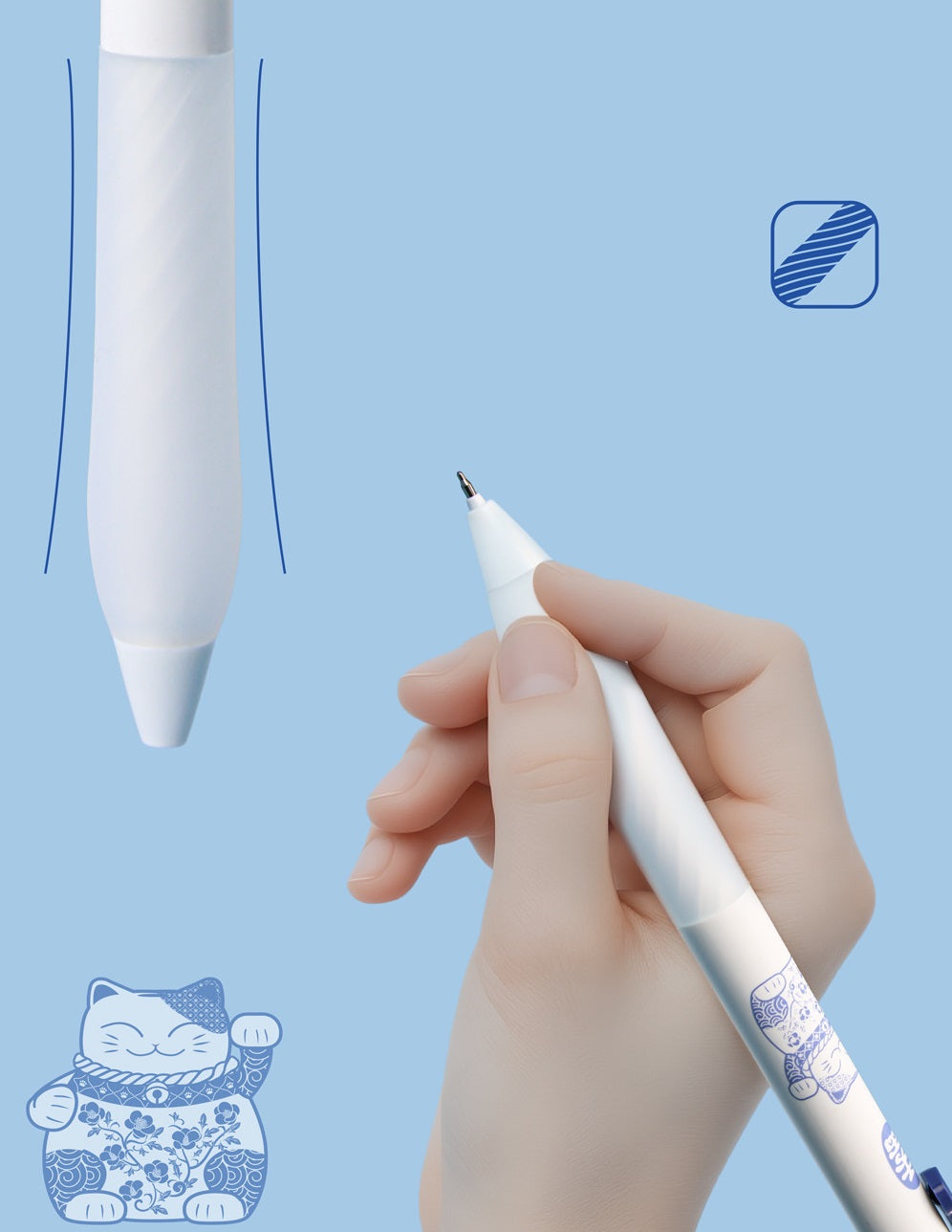 Lucky Cat Erasable Retractable Gel Pens 0.5mm Blue Ink Set of 12