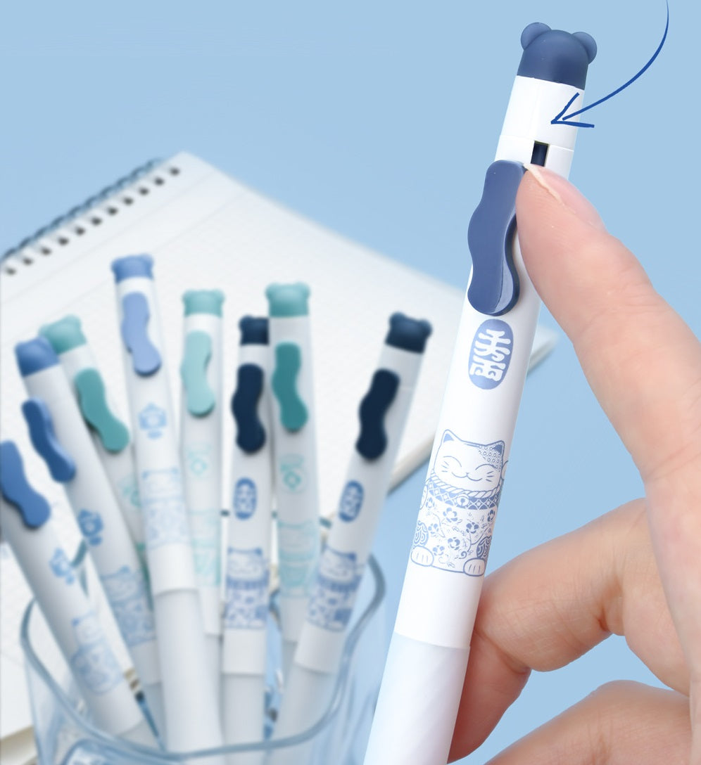 Lucky Cat Erasable Retractable Gel Pens 0.5mm Blue Ink Set of 12