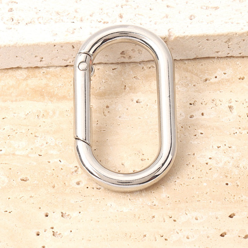 Silver-tone oval hook ring spring buckle with spring latch, metal closure ring