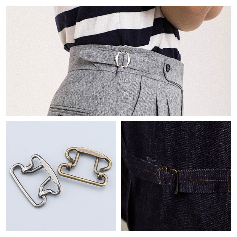 Waistband adjustment clasp with two clips; inset shows silver and gold buckles
