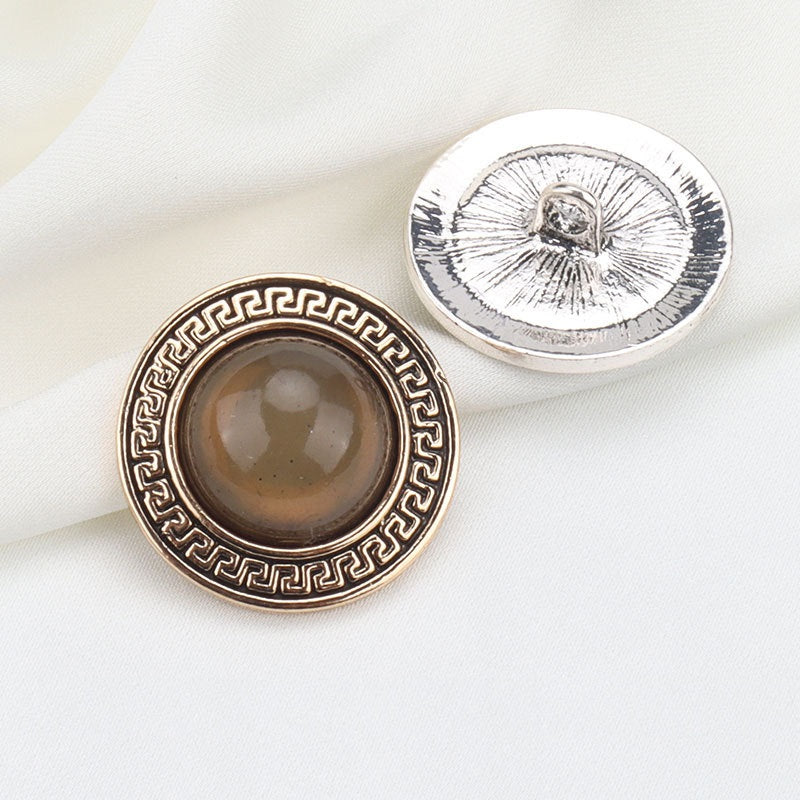 Gold round geometric lace resin metal shank button, front with metal shank on back