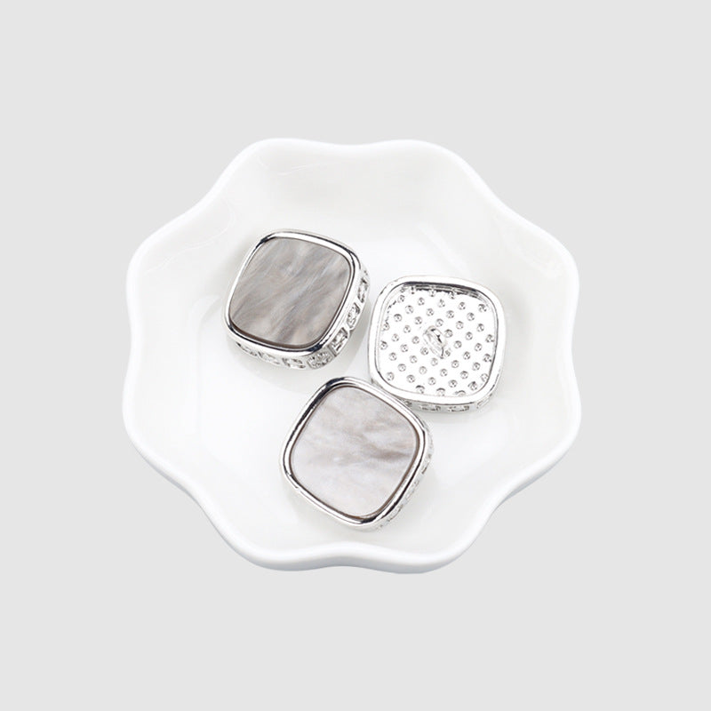 Set of square metal shank coat buttons, silver tone, decorative pearl-like faces