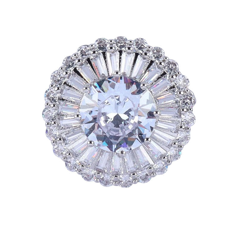 Decorative rhinestone button with metal shank, round crystal design in shiny silver tone