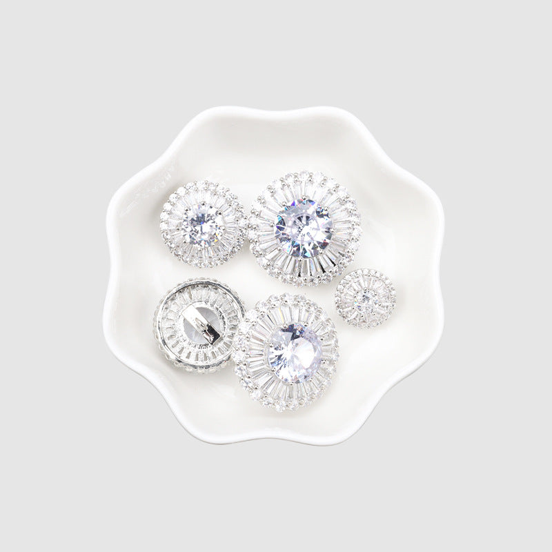 Set of 4 round rhinestone decorative buttons with metal shanks, silvery crystal centers
