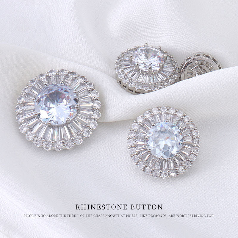 Round rhinestone decorative buttons with metal shanks, clear crystal centers, 3 visible
