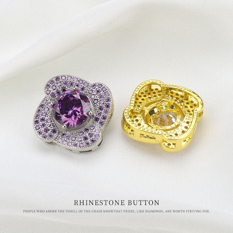 Back view of rhinestone buttons: purple and gold tones with metal base and shank posts