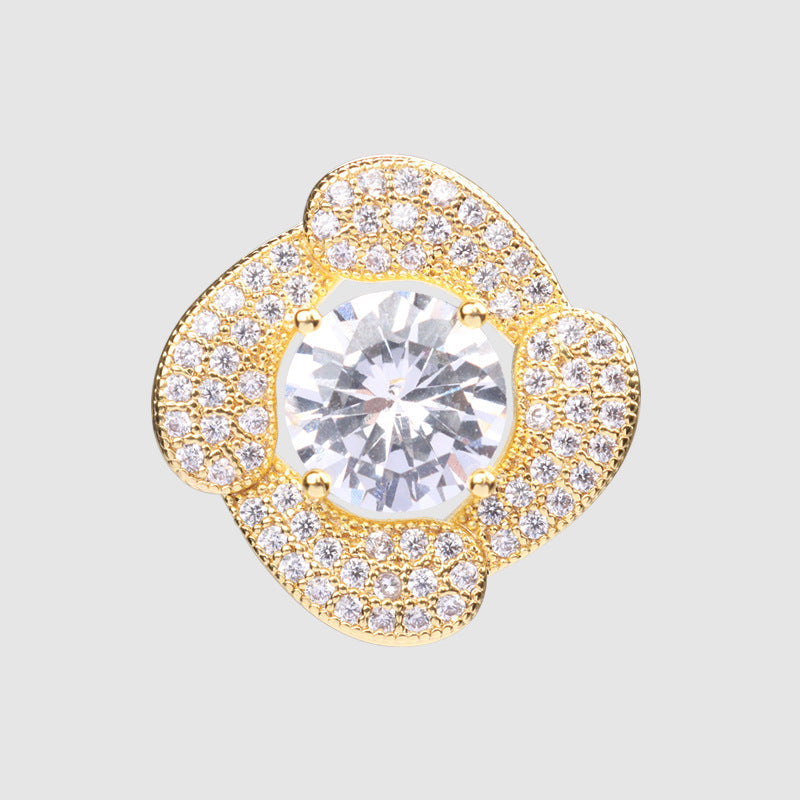 Gold-tone 24mm rhinestone button with clear center stone, metal setting, shank