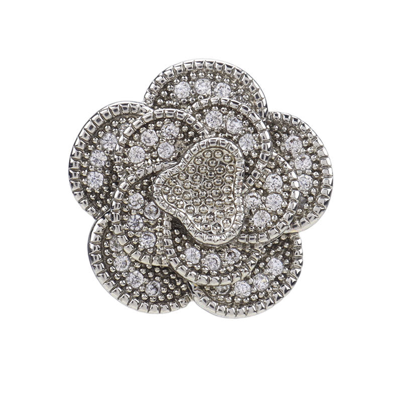Silver 15mm camellia buttons with full rhinestones, set of 2