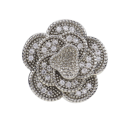 15mm Golden Silver Three Dimensional Camellia Buttons with Full Rhinestones 2pcs 2 Silver
