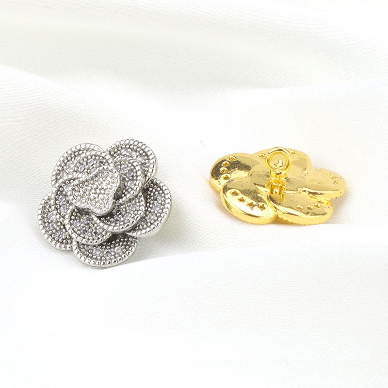 Camellia button set with full rhinestones: silver pair and gold pair
