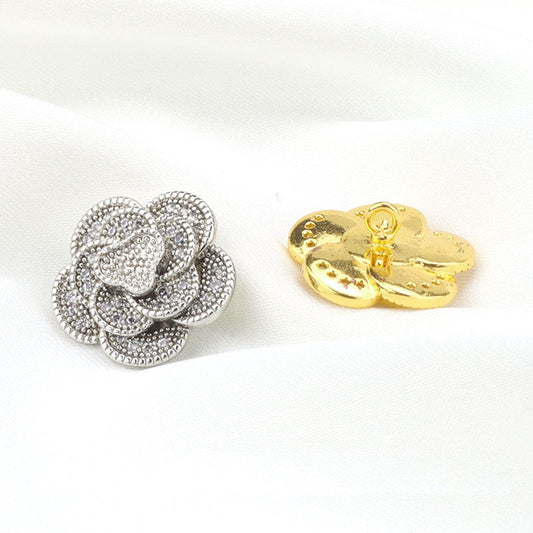 15mm Golden Silver Three Dimensional Camellia Buttons with Full Rhinestones 2pcs