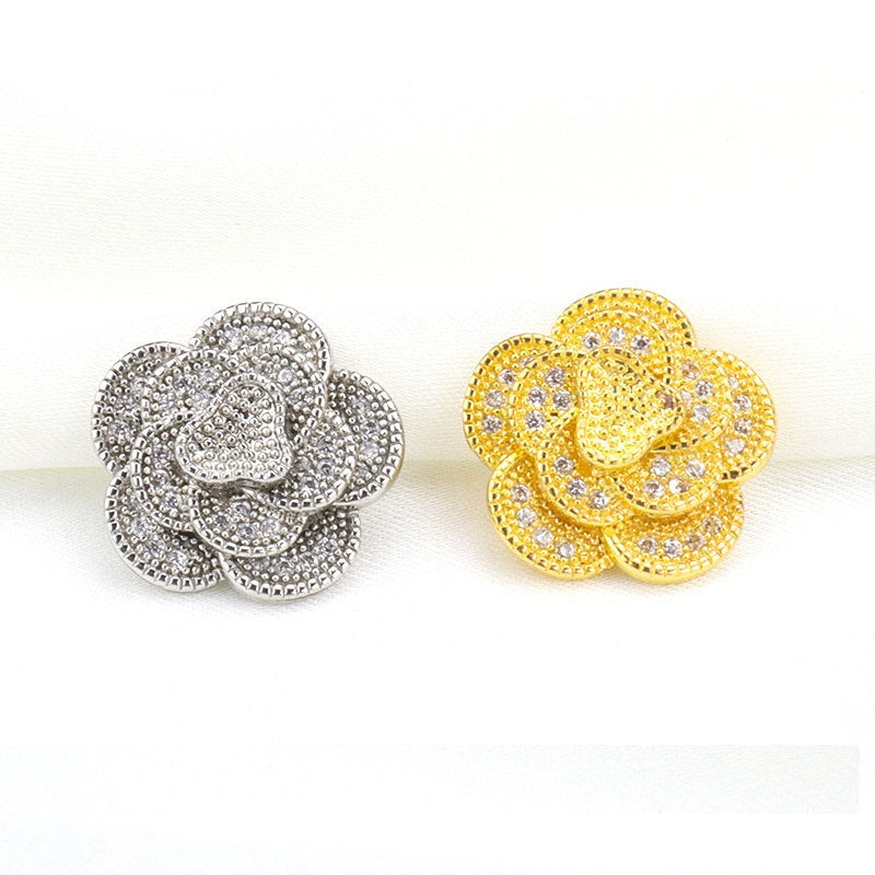 Camellia buttons with full rhinestones: silver and gold flower designs, set of 2