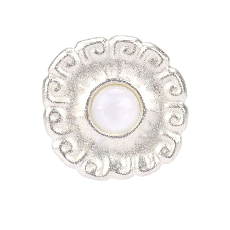 Matt silver metal pearl shank button, round scalloped edge and white pearl center