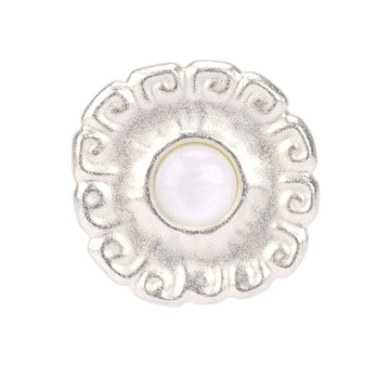 Matt silver metal pearl shank button, round scalloped edge and white pearl center