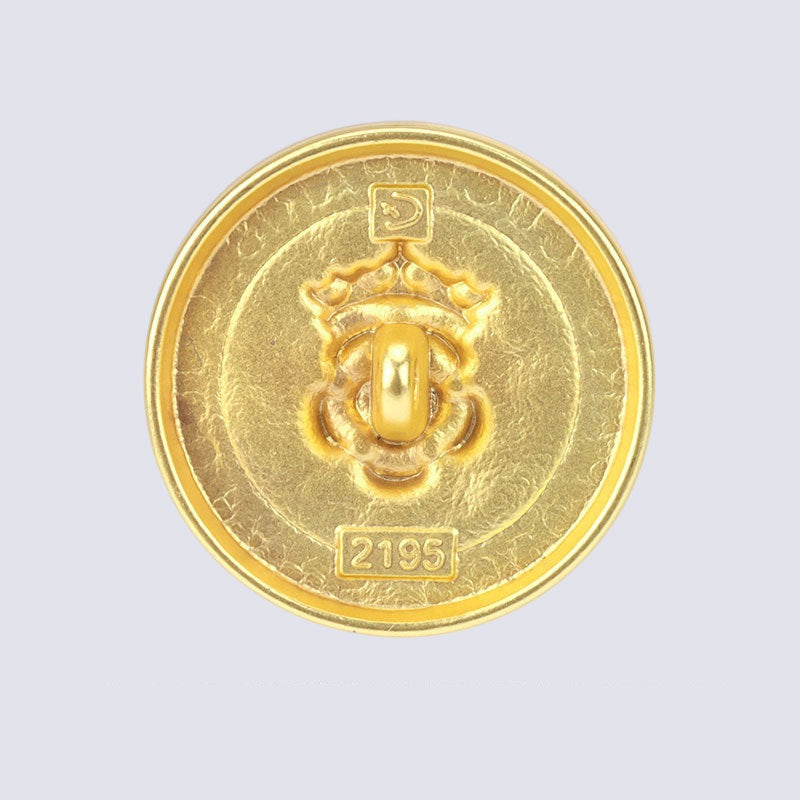 Back of gold round metal shank button with embossed ID 21951
