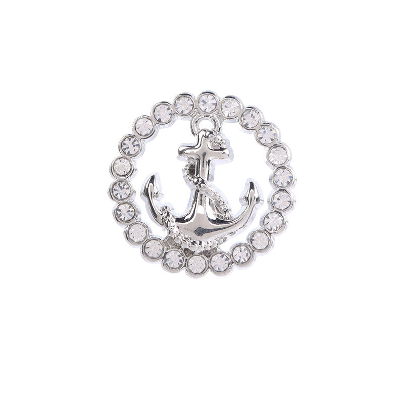 Round rhinestone button with silver-tone anchor design and metal shank, 12 pcs
