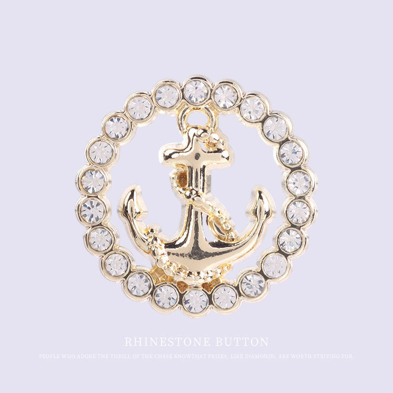 Gold-tone round rhinestone button with anchor motif and metal shank, 12 pcs
