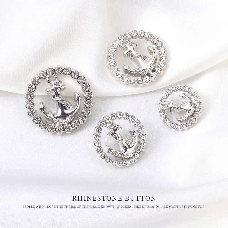 Round rhinestone anchor buttons, silver-tone anchor motif in a crystal-studded ring