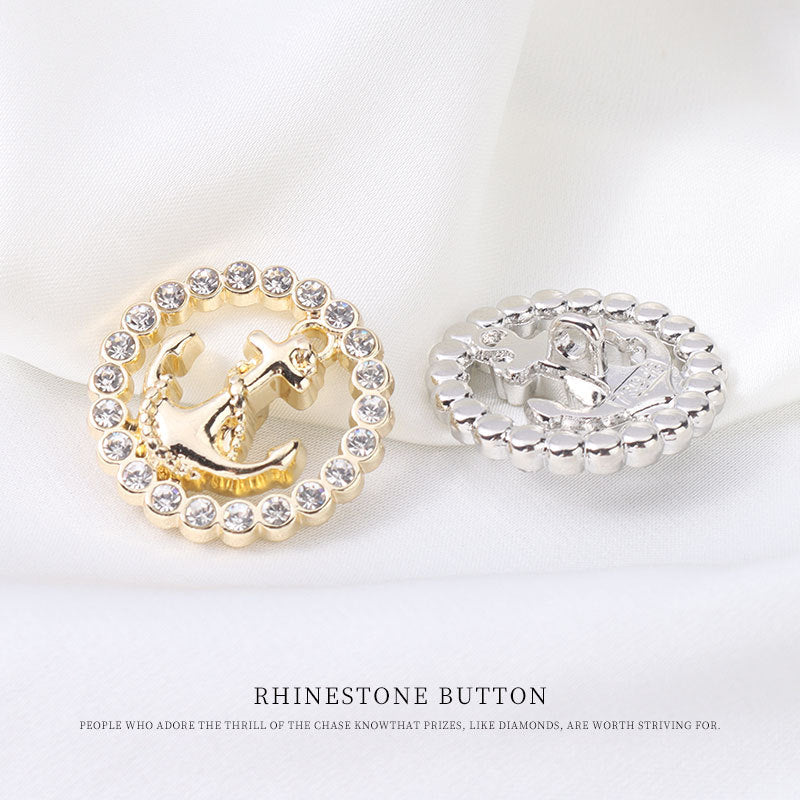 Gold and silver round rhinestone anchor buttons with metal shanks, circular settings