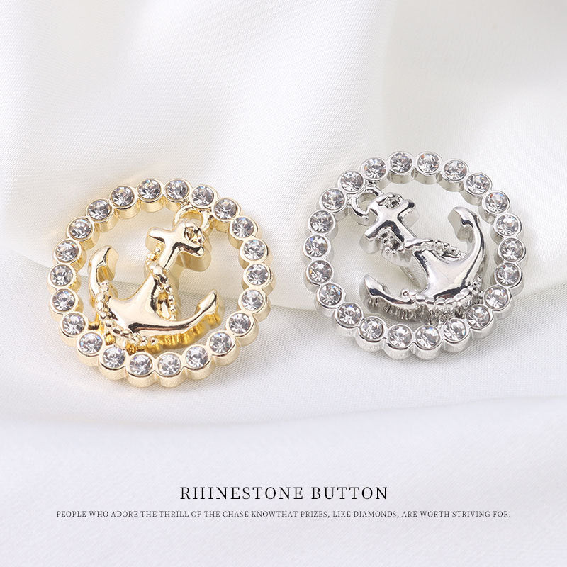 Round rhinestone anchor buttons, gold- and silver-tone designs with metal shanks