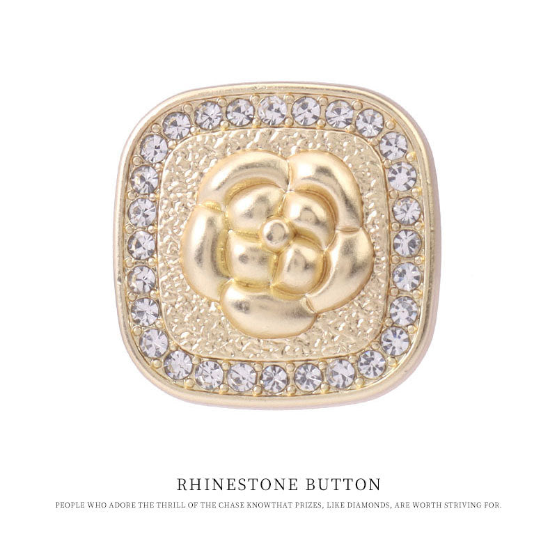 Gold square rhinestone coat button with metal shank, floral diamond detailing