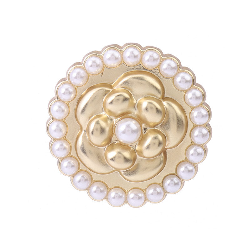 Round gold metal flower pearl button with embossed center, pearl rim, 17.5–23mm