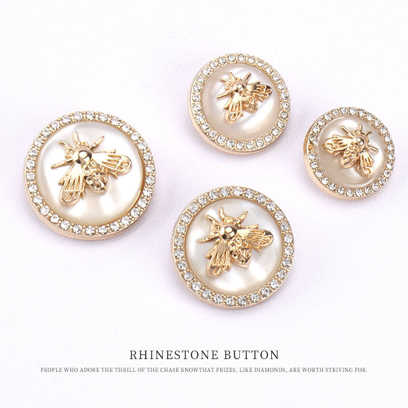 Set of three round bee buttons: pearl white center, gold bee, crystal outer rim