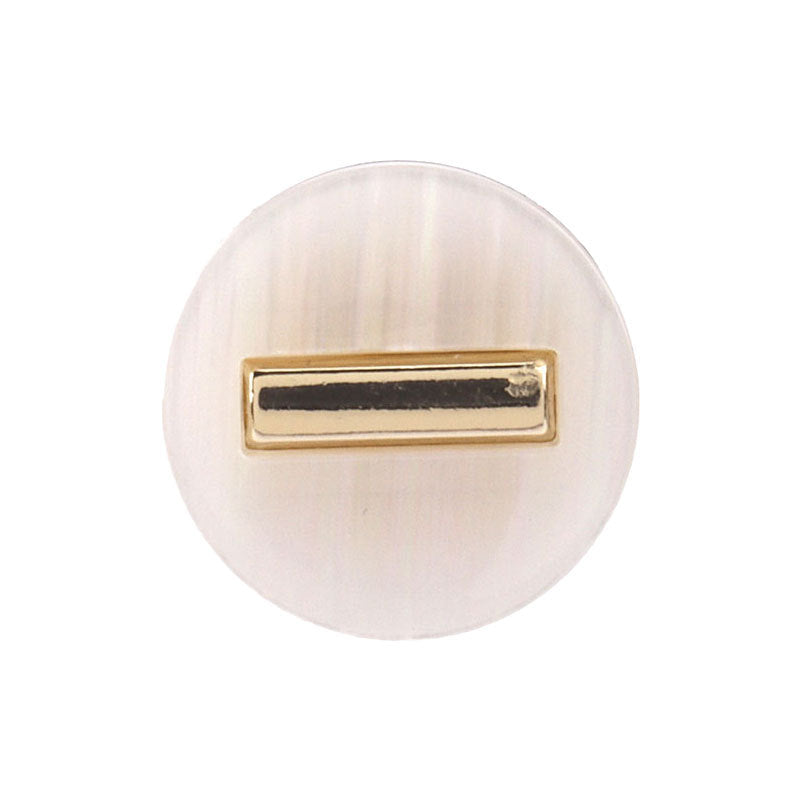 Round resin shank button, white with dark center stripe and gold-tone frame