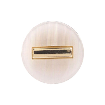 Round resin shank button, white with dark center stripe and gold-tone frame
