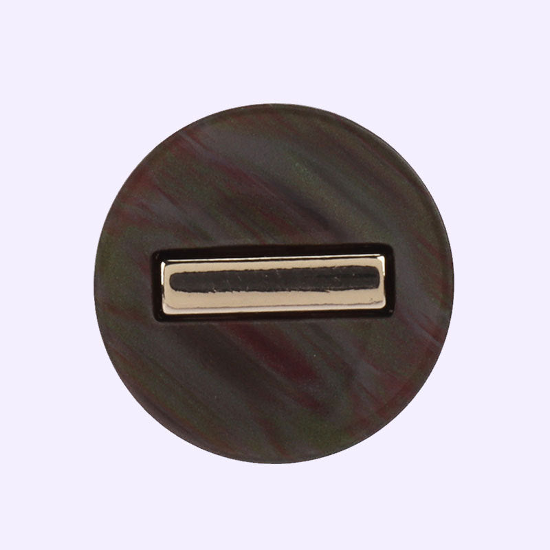 Round resin shank button, coffee-brown with dark center stripe and gold-tone frame