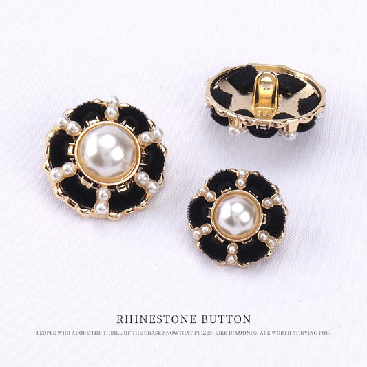 18-23mm Gold-Edged Black Velvet Ribbon Pearl Shank Button 12pcs