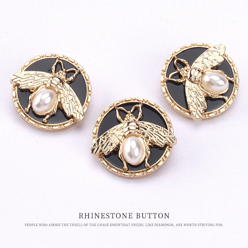 Set of three round bee metal pearl shank buttons with faux pearls on black enamel
